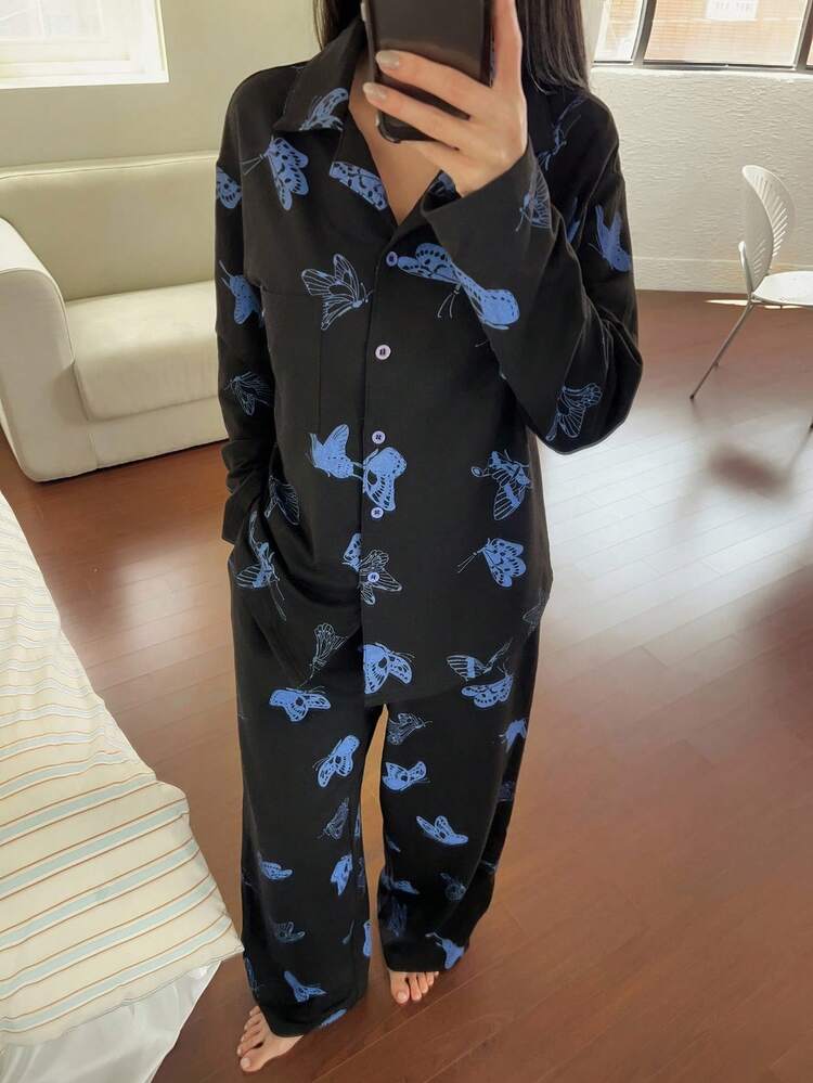 Women Butterfly Print Pajama Set, Fall Clothes