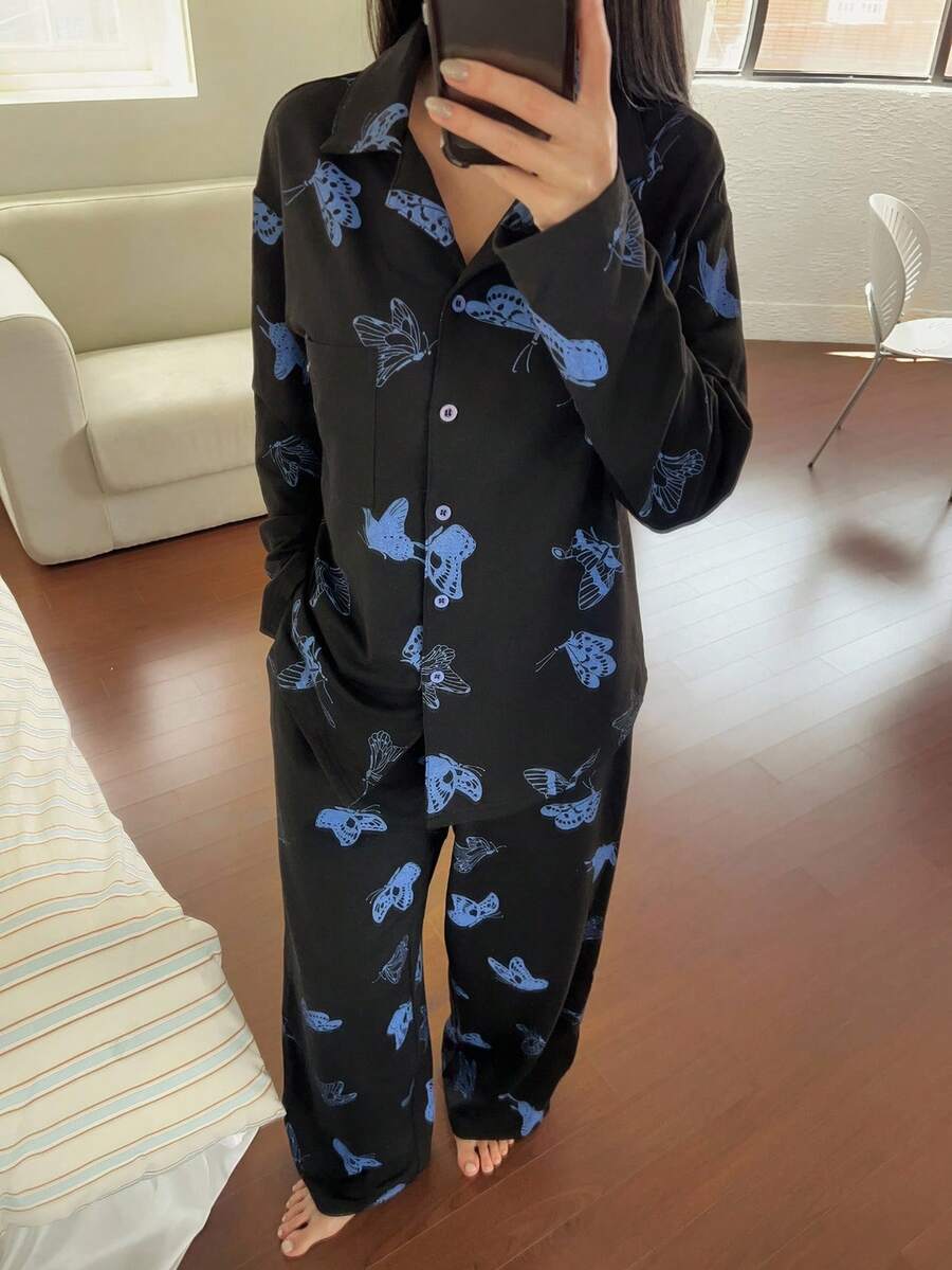 DAZY Women Butterfly Print Pajama Set, Fall Clothes - Black - View 1