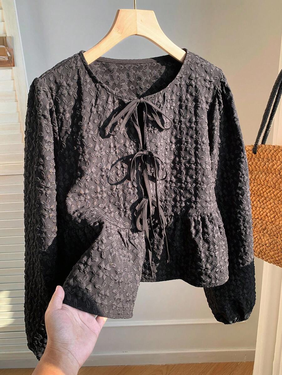 SHEIN Comfortcana 女式黑色纯色荷叶边下摆系带腰休闲长袖衬衫，秋季 - 黑色 - 查看 1