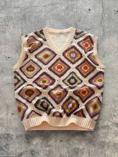 AXEPEAK Plus Size Men's Fashion Casual V-Neck Printed Knit Vest, For Fall Winter