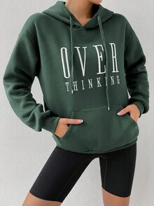 Chiquease Women's Autumn Letter Embroidery Long Sleeve Drawstring Hooded Pocket Casual Sweatshirt - Dark Green - View 3
