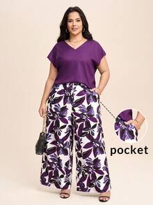 Comfylo Women V-Neck Solid Color Casual Elegant Western Top Pants Set Summer Outfits For Women Vacation Outfits Woman Vacation Wedding Guest Purple - Multicolor - View 1