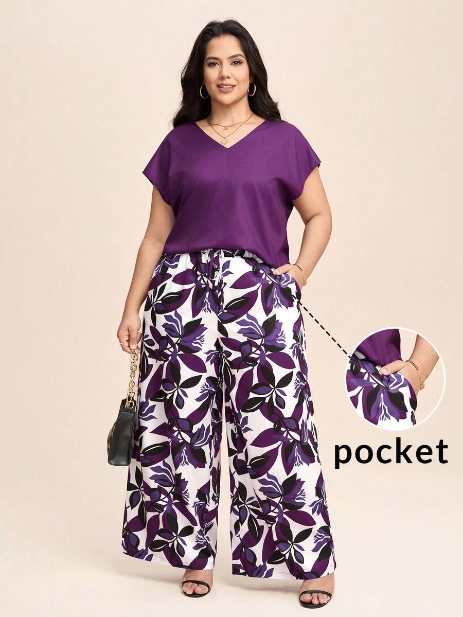 Comfylo Women V-Neck Solid Color Casual Elegant Western Top Pants Set Summer Outfits For Women Vacation Outfits Woman Vacation Wedding Guest Purple - Multicolor - View 1