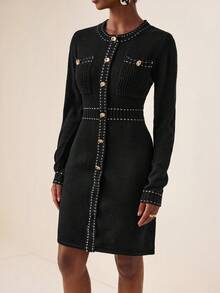 Lyxana Women's Autumn/Winter Elegant A-Line Single-Breasted Long Sleeve Knitted Dress Fall Cloth For Women - Black - View 3