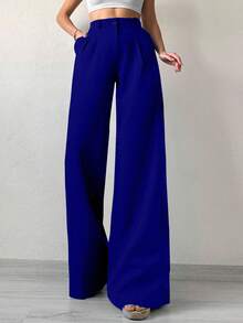 EURMUSE Women's Solid Color Wide Leg Suit Pants - Navy Blue - View 1