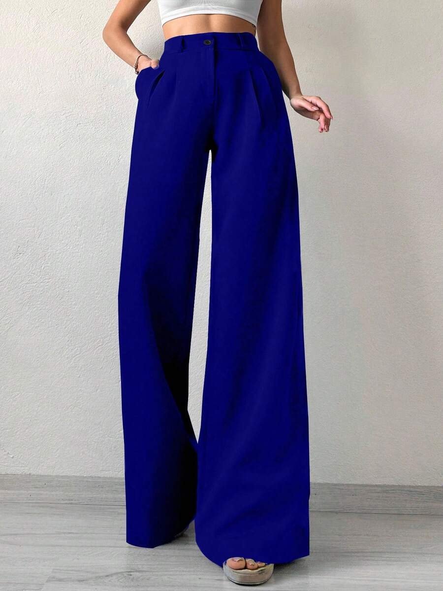 EURMUSE Women's Solid Color Wide Leg Suit Pants - Navy Blue - View 1