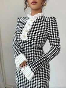 Rafferiza 法式优雅收腰赫本风格秋冬女装 秋季服装 黑白千鸟格外出女士秋冬优雅长裙 - 黑與白 - 查看 3