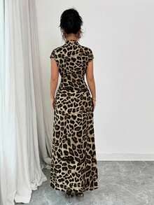 Rafferiza Women's Elegant Leopard Print Collared Short Sleeve Button Down Waist Dress Long Leopard Dress Women Leopard Dress Casual Leopard Print Dress Leopard Print Dress Animal Print Maxi Dress