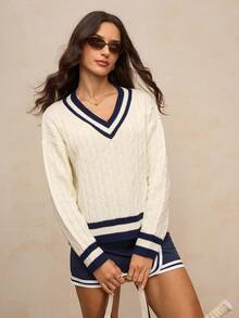 Activina Sweter damski w paski z dekoltem w serek i długimi rękawami, z warkoczowym wzorem