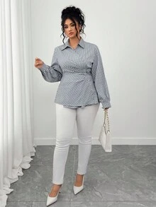 Elenzga Chemise à manches longues à carreaux bleus et blancs de style minimaliste pour femmes grandes tailles - Bleu azur - Voir 7