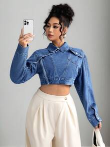 Elenzga Women's Fashion Asymmetrical Short Denim Jacket - Blue - View 7