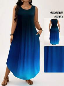 Comfylo Đầm xòe cổ tròn màu ombre cỡ lớn cho nữ Đầm dự tiệc cưới cho khách mùa hè Đồ đi biển Trang phục mùa xuân cho nữ Đầm suông Trang phục đi nghỉ Đầm thường ngày cho nữ - Màu xanh hải quân - Xem 1