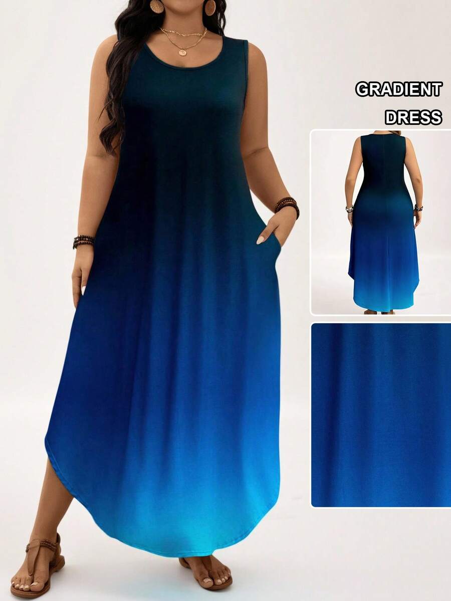 Comfylo Đầm xòe cổ tròn màu ombre cỡ lớn cho nữ Đầm dự tiệc cưới cho khách mùa hè Đồ đi biển Trang phục mùa xuân cho nữ Đầm suông Trang phục đi nghỉ Đầm thường ngày cho nữ - Màu xanh hải quân - Xem 1