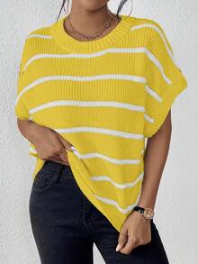 EMERY ROSE Contrast Stripe Batwing Sleeve Loose Knit Sweater - Yellow - View 4