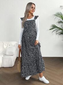 SHEIN Váy bầu tay lỡ họa tiết hoa thanh lịch cho kỳ nghỉ - màu đen - Xem 5