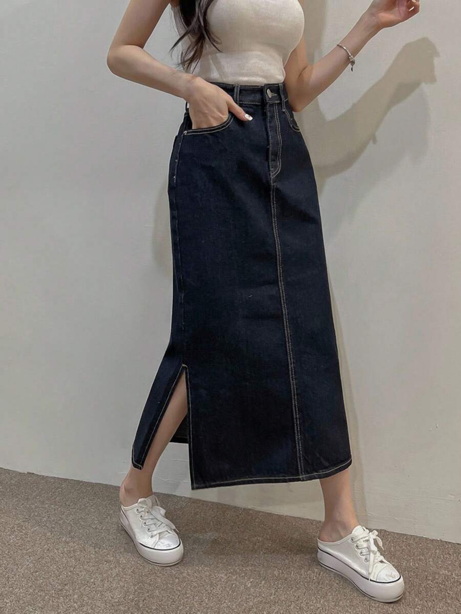 DAZY 复古百搭长款直筒开衩牛仔裙 - 深色水洗藍 - 查看 1