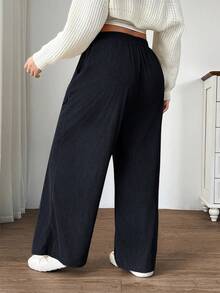 SHEIN EZwear 大码女式高腰宽松阔腿裤，灰色灯芯绒面料，带口袋和贴片设计，适合校园、日常穿着和室内工作，秋冬季 - 深灰色 - 查看 2