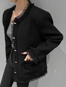 DAZY 金属扣流苏粗花呢夹克女式外套 - 黑色 - 查看 8