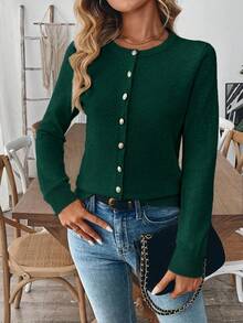 EMERY ROSE Cárdigan casual de punto con cuello redondo, manga larga y botones delanteros de unicolor para mujer - Verde Oscuro - Ver 3