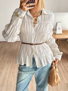 Siren Gaze 1 pieza Camisa de mujer de unicolor con pliegues y manga larga, apta para todas las estaciones, otoño/invierno