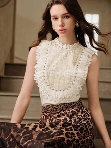 Anewsta Savoree Elegant Fashion Heavy Beaded & Rhinestone Floral Decor Stand Collar Lace Trim Double Layer Hollow Ruffle Hem Sleeveless Apricot Blouse For Women