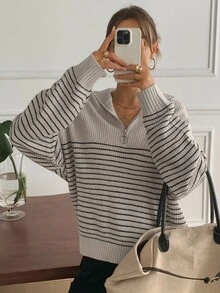 DAZY Stylish Black & White Striped Stand Collar Zip-Up Long Sleeve Sweater, Casual Oversized Pullover For Women Winter - Black and White - View 5