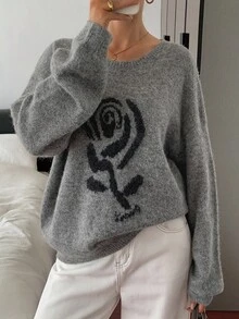 DAZY 女式灰色圆领套头毛衣，搭配撞色玫瑰印花图案，冬季 - 灰色 - 查看 1