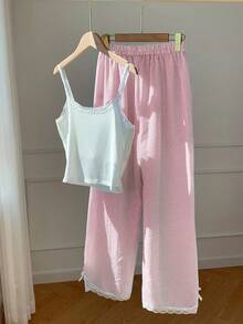 Comfortcana 2 件套女式休闲蕾丝花边吊带背心和红白条纹裤，返校季 2 件套休闲套装 - 紅白色 - 查看 2