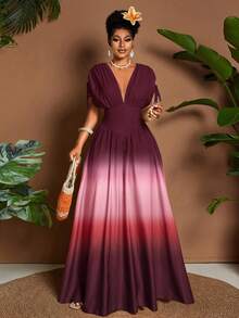 Eryvara 女士优雅浪漫渐变印花领结 V 领 A 字长裙，百搭设计，适合外出、海滩、音乐节、婚礼宾客毕业装商务休闲波西米亚风抽绳领结松紧腰度假旅行春夏秋季 A 字长裙 - 紫色 - 查看 7