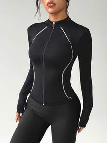 Dewbera 女式无缝黑色运动夹克，带拇指孔，条纹设计，拉链开合 - 黑與白 - 查看 3