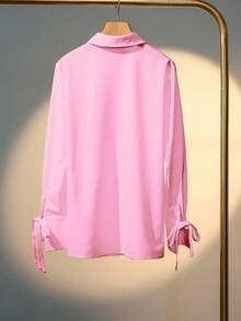 SHEIN LUNE 女式休闲长袖系带白色纽扣衬衫，春季 - 玫紅色 - 查看 2