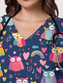 PopScrub Blusa de verano informal tipo uniforme de enfermería para mujer talla grande con lindo estampado de búho y corazón arcoíris