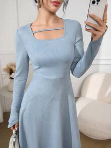 Modelyn Elegant Fashionable Square Neck Ruffle Hem Suede Baby Blue Women's Mid-Length Dress - Blue - View 3