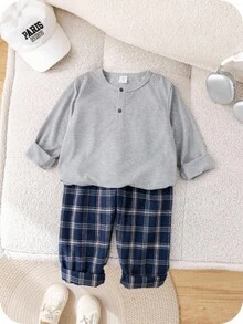 Set 2 buc. pentru băieți și fetițe, drăguț, casual, tricotat, cu mânecă lungă, și pantaloni în carouri, potrivit pentru casă, toamnă/iarnă - Multicolor - Vizualizare 8