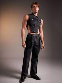 FeverCity Men's Fashionable Sexy Asymmetric Hem Sleeveless Denim Top, Summer