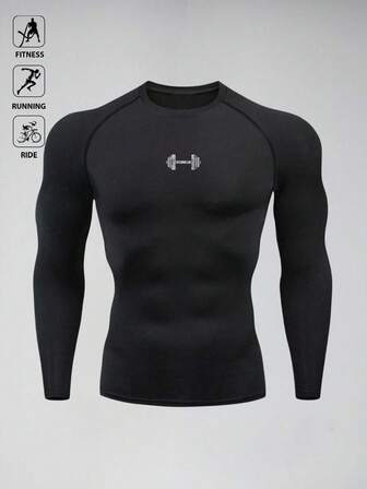 Manfinity Sport Polished Men's Barbell Print Round Neck Raglan Long Sleeve Sports T-Shirt Men Compression Tops Gym Long Sleeve Tops