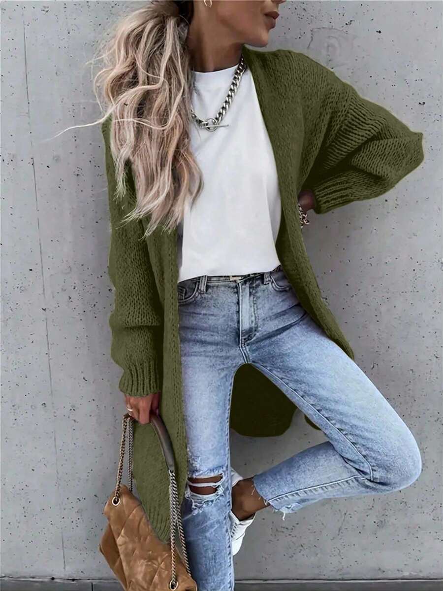 EMERY ROSE Áo len cardigan dài tay trễ vai màu trơn thường ngày cho nữ - xanh quân đội - Xem 1