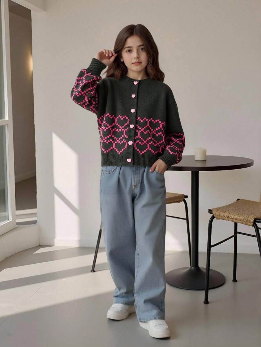 Girls' Autumn/Winter Clothing, Round Neck Long Sleeve Heart Pattern Sweater Cardigan, Sweet Cute Loose Knit Jacket - Dark Grey - View 1