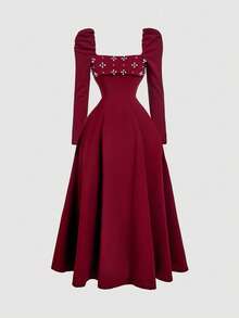 SHEIN MOD 女士珍珠串珠吊带连衣裙、开学季勃艮第红连衣裙、开学服装、秋季连衣裙、教师连衣裙、中长款勃艮第红连衣裙 - 酒紅色 - 查看 3