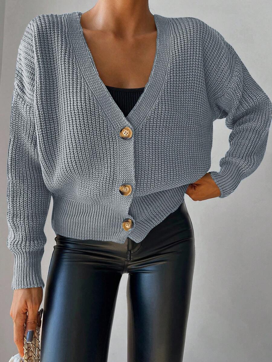 Drop Shoulder Button Front Cardigan - Blue - View 1