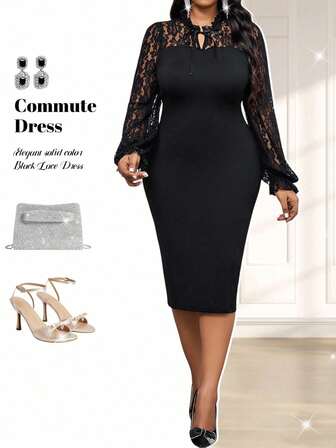 Fleurora Autumn And Winter Elegant Commuting  Office Black Knitted Tie Neck Pencil Flounce Sleeve Contrast Lace Midi Long Sleeve Plus Size Dresses Dresses For Women Elegant Fall Clothes For Women Elegant Dresses For Women Fall Classy Outfits For Women Fall Women Clothes Fall Clothes Fall Dresses For Women Black Dresses Classy Elegant Fall Clothes Plus Size Business Casual Outfits Women Elegant Dresses Fall Outfits For Women Fall Outfits Women Fall Dresses Business Casual Woman