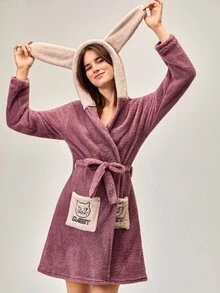 Loomlin Women's CAT Embroidery 3D Ear Design Hooded Belted Flannel Robe,Soft Fluffy Winter Robes For Women - Multicolor - View 6