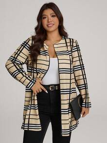 Comfylo Plus Size Women Open Front Plaid Print Casual Jacket, Autumn Outerwear Plus Size Fall Clothes Fall Women Clothes Fall Clothes Plus Size Fall Outfits For Women  Fall Outfits Women Winter