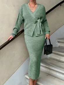 EURMUSE Women Knitwear Co-Ord Set With Cardigan And Dress - Mint Green - View 2
