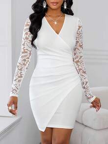 SHEIN Lady Women's Contrast Lace Long Sleeve Overlap V-Neck Ruched Fitted Elegant Mini Dress - White - View 1