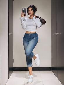 SHEIN ICON 女士浅色休闲日常牛仔裤 - 深色水洗藍 - 查看 6