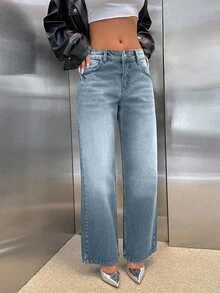 EURMUSE 100% 纯棉低腰直筒剪裁深灰色 Y2K 风格女式牛仔裤 - 淺色水洗藍 - 查看 4