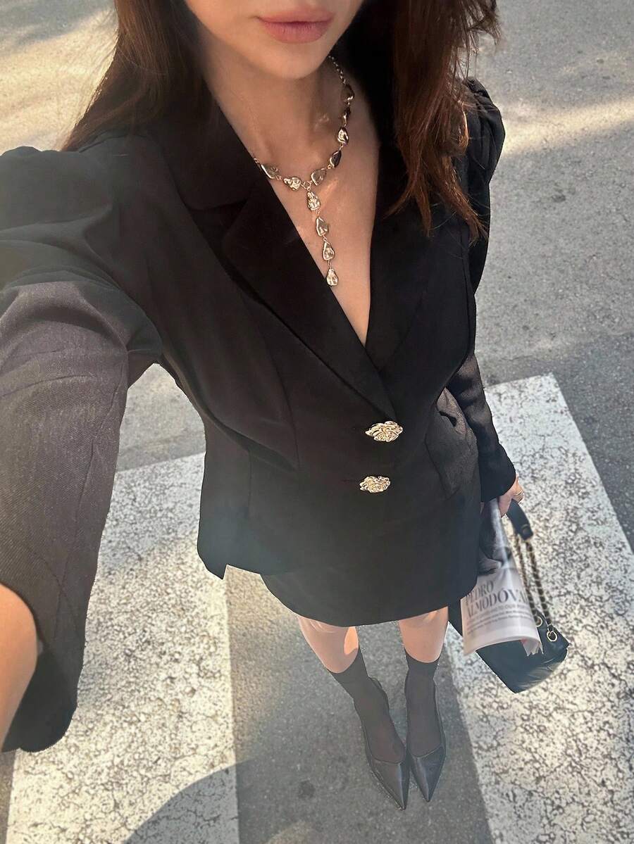 Siren Gaze Conjunto de chaqueta y falda de unicolor elegante para mujer con mangas abullonadas para la temporada de otoño/invierno - Negro - Ver 1