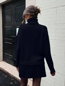 EMERY ROSE Bộ 2 món áo len cổ lọ tay dài màu trơn và chân váy midi dệt kim thường ngày cho nữ, mùa thu - Màu xanh lam - Xem 2