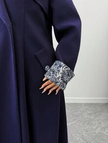 Elenzga Plus Size Women Elegant Jacquard Splice Navy Blue Long Sleeve Long Woolen Coat, Autumn/Winter Fall Cloth For Women - Navy Blue - View 8